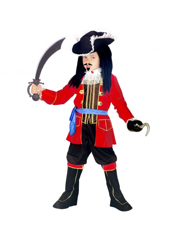 Pirate garçon rouge et noir (casaque avec jabots, pantalon avec sur-bottes, ceinture, chapeau)