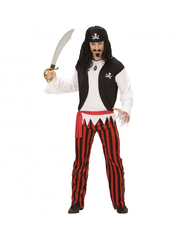 Déguisement Pirate Homme (chemise avec veston, pantalon rayé rouge, ceinture, bandeau)