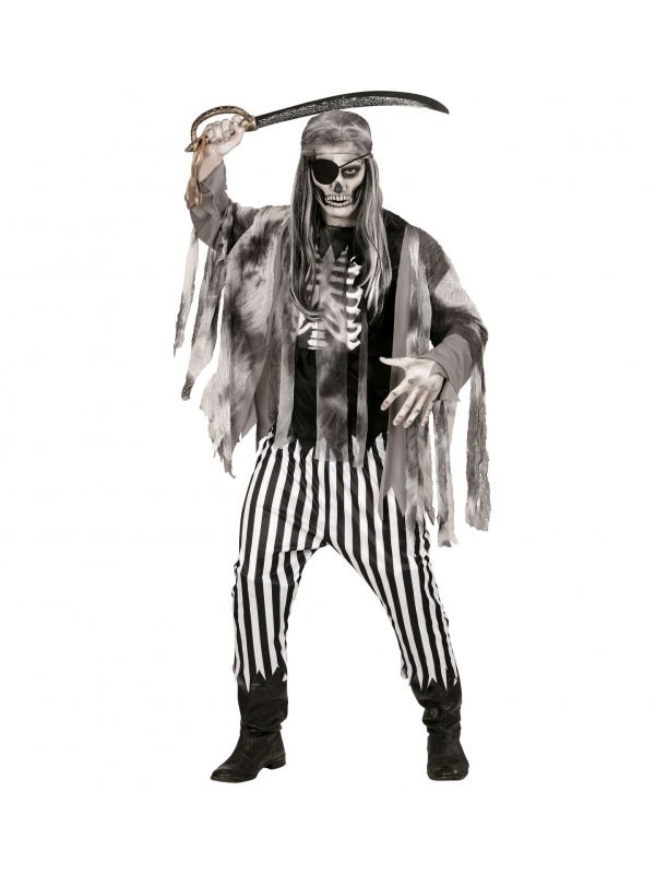 Déguisement Pirate Bateau Fantôme Homme (chemise avec squelette apparent, veste, pantalon, bandana, cache-oeil)