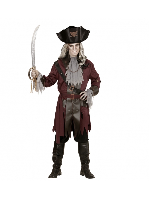 Déguisement Pirate Capitaine Spook, Homme (veste longue avec ceinture, jabot, écharpe, chapeau)