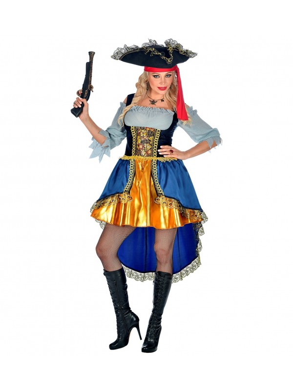 Déguisement femme capitaine des pirates, multicolore (robe avec chemise, chapeau)