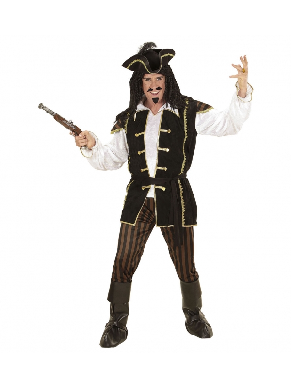 Déguisement Pirate Capitaine Homme (chemise avec veston, pantalon, ceinture, chapeau à plumes, couvre-bottes)