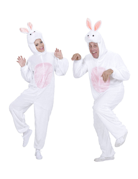 Déguisement lapin adulte mixte rose et blanc (combinaison à capuche avec masque)