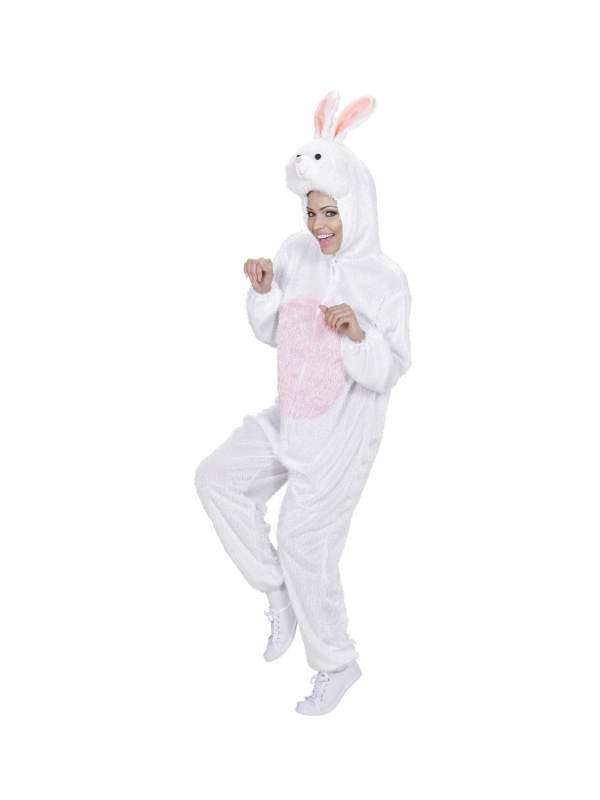 Déguisement lapin adulte mixte rose et blanc (combinaison à capuche avec masque)