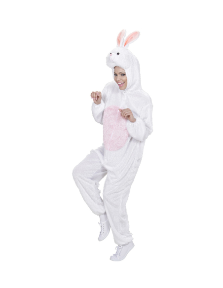 Déguisement lapin adulte mixte rose et blanc (combinaison à capuche avec masque)