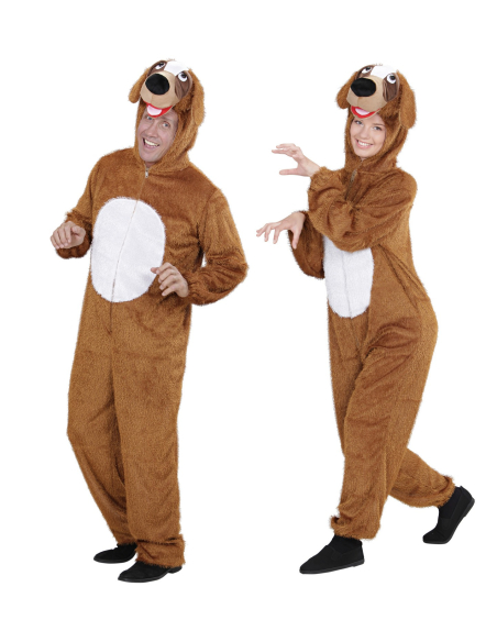 Déguisement chien adulte mixte marron et blanc (combinaison à capuche/masque)