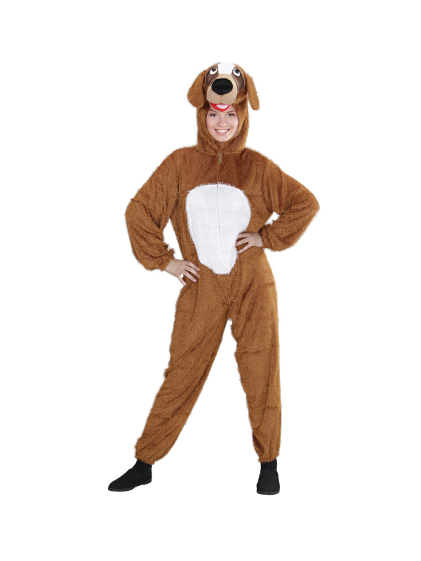 Déguisement chien adulte mixte marron et blanc (combinaison à capuche/masque)