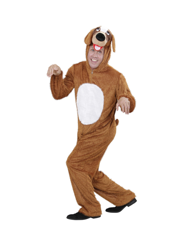 Déguisement chien adulte mixte marron et blanc (combinaison à capuche/masque)
