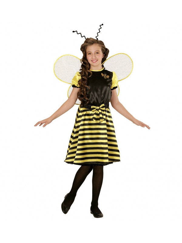 Déguisement Abeille fille jaune et noir (robe, jupon, ceinture à noeud, ailes, antennes)