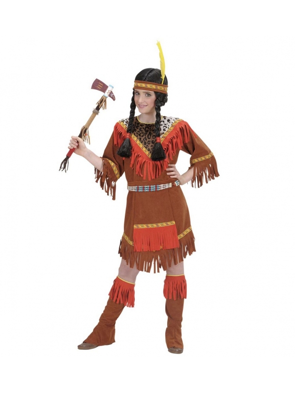 Déguisement Indienne rouge et marron(robe, tablier, sur-bottes, bandeau avec plume)