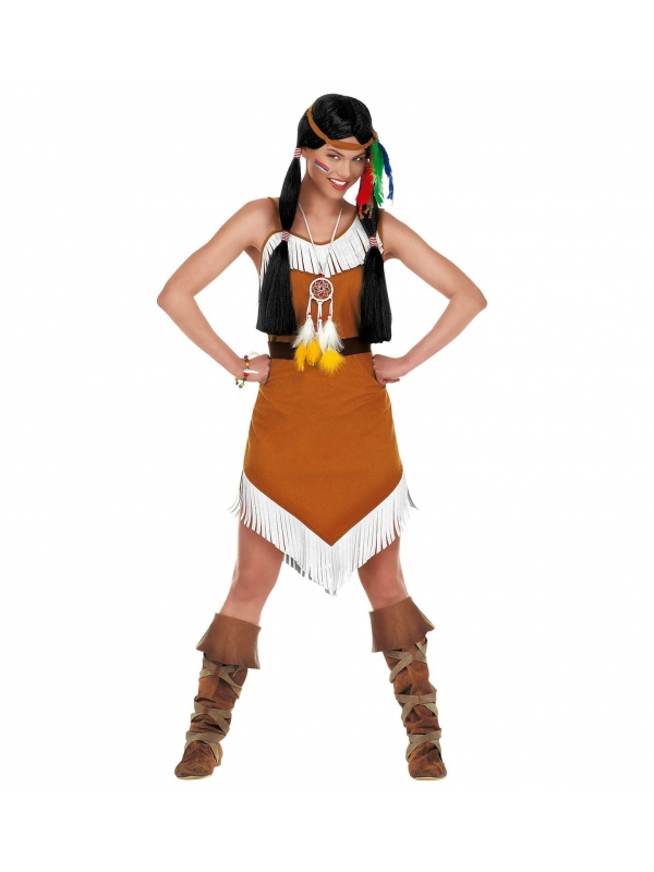 Déguisement indienne Comanche marron (robe, ceinture, serre tête avec plumes)