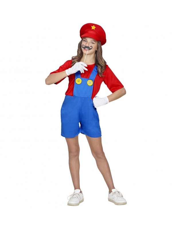 Déguisement Mario le plombier pour fille (combinaison, chapeau)