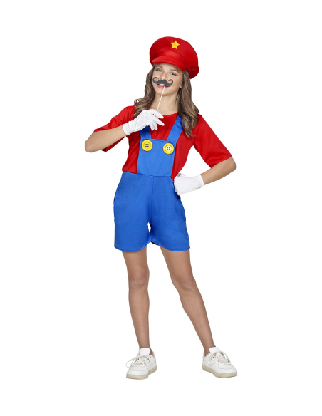Déguisement Mario le plombier pour fille (combinaison, chapeau)