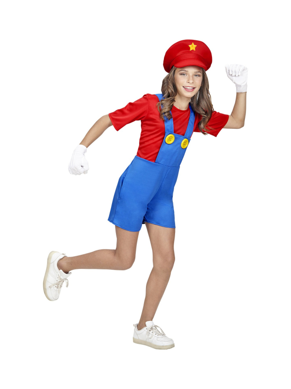 Déguisement Mario le plombier pour fille (combinaison, chapeau)