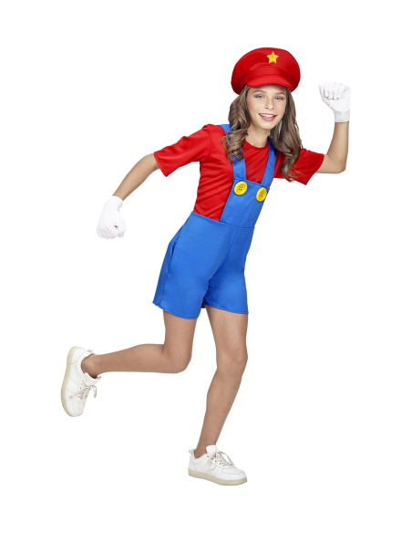 Déguisement Mario le plombier pour fille (combinaison, chapeau)