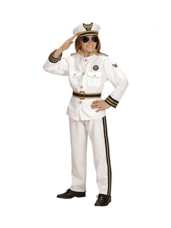 Déguisement capitaine de la marine garçon, blanc (veste, pantalon, ceinture, casquette)