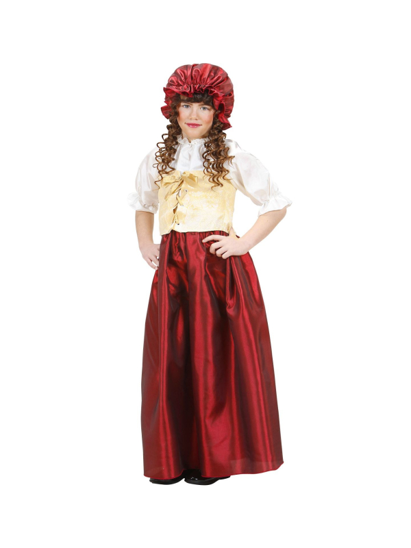 Déguisement de petite paysanne beige et bordeaux (robe, corset, charlotte)