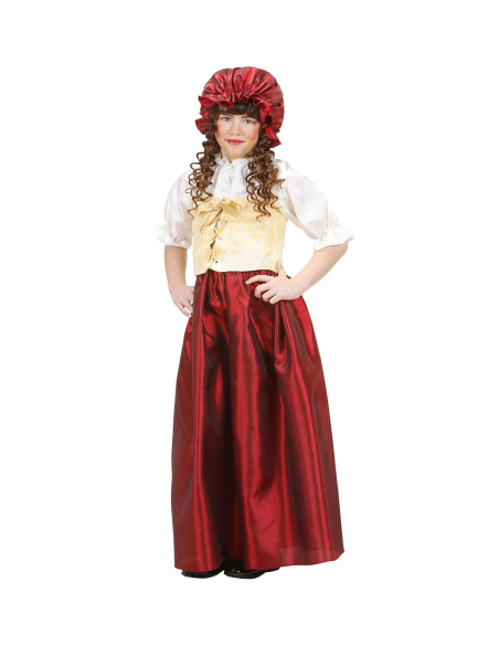 Déguisement de petite paysanne beige et bordeaux (robe, corset, charlotte)
