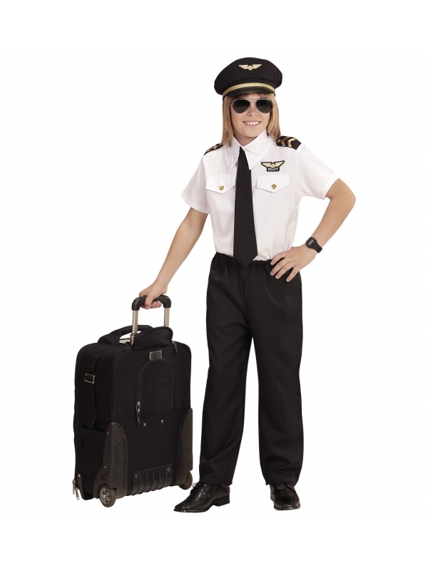 Déguisement pilote garçon blanc et noir (chemise, cravate, pantalon, chapeau)                          ,