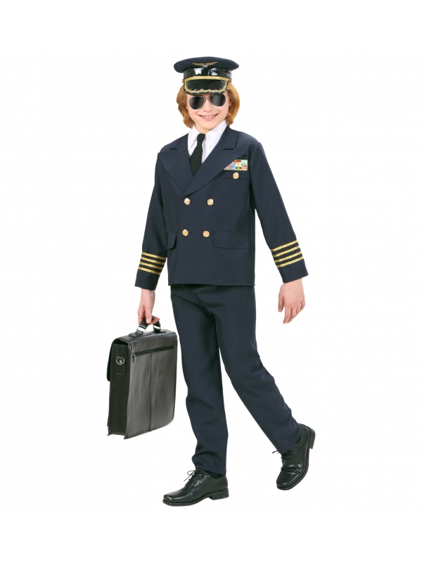 Déguisement pilote garçon noir(veste, col avec cravate, pantalon, casquette)