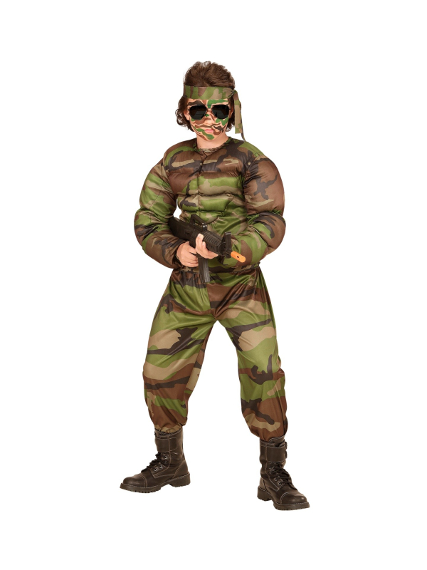 Déguisement militaire super muscle garçon (t-shirt muscle, pantalon, tour de tête)