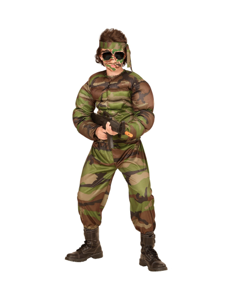 Déguisement militaire super muscle garçon (t-shirt muscle, pantalon, tour de tête)
