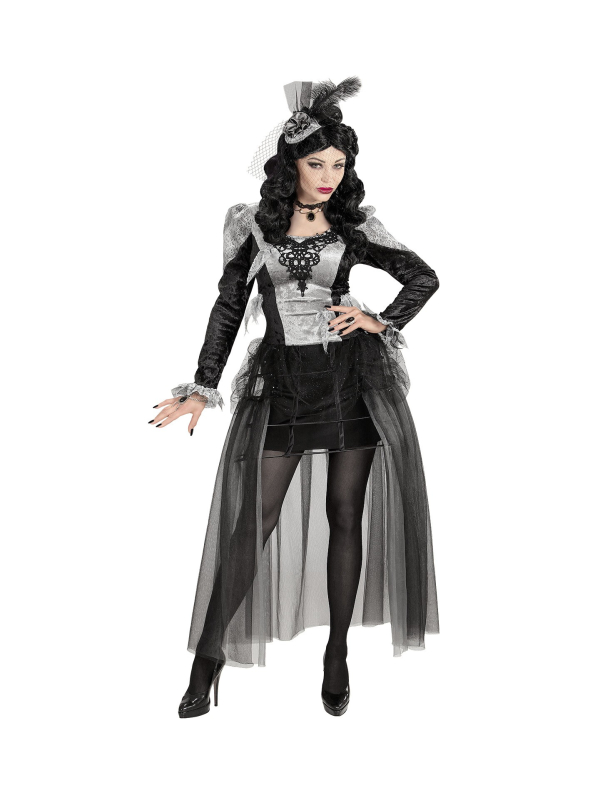 Déguisement de Comtesse Sombre, noir et gris, femme (robe, coiffe)