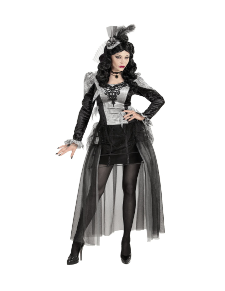 Déguisement de Comtesse Sombre, noir et gris, femme (robe, coiffe)