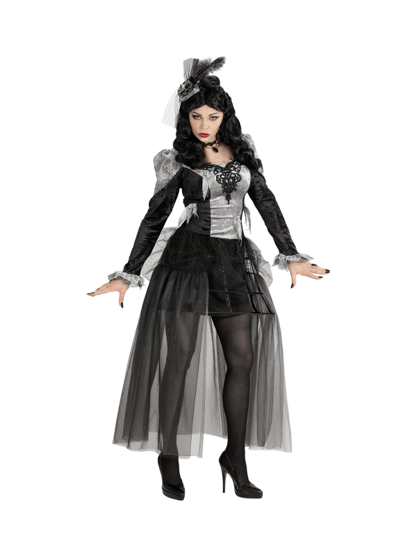 Déguisement de Comtesse Sombre, noir et gris, femme (robe, coiffe)