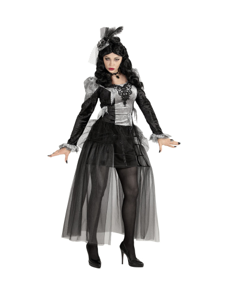 Déguisement de Comtesse Sombre, noir et gris, femme (robe, coiffe)
