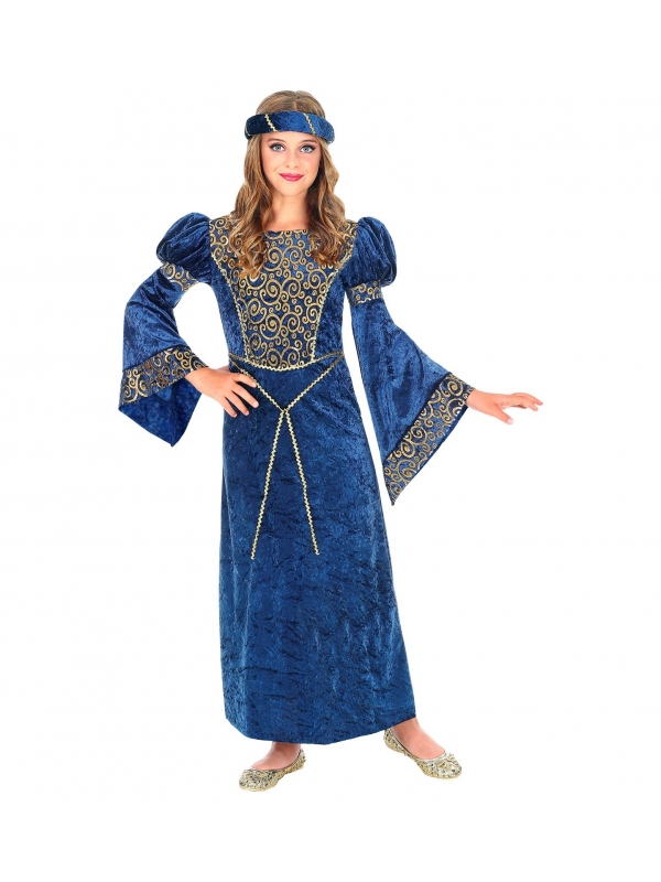 Robe Médiévale fille bleu (robe, coiffe)