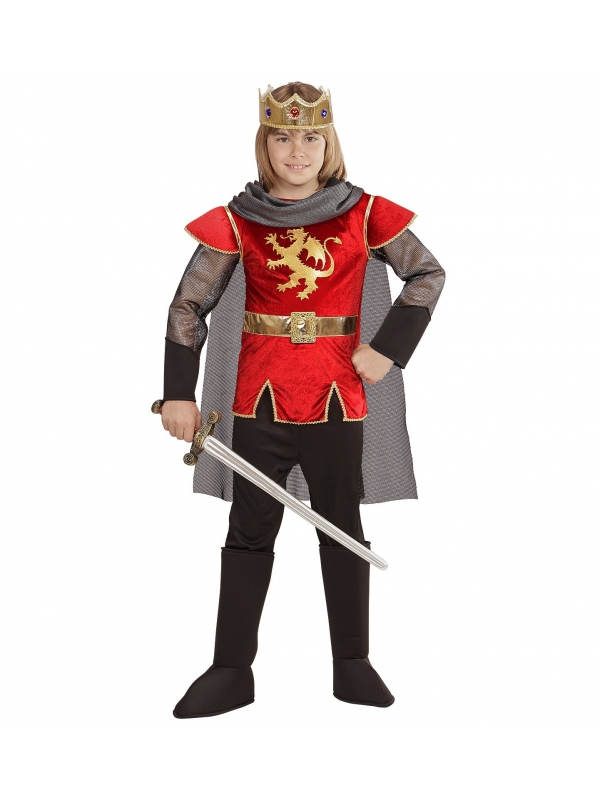 Déguisement roi Arthur enfant  rouge (casaque, pantalon, couvre-bottes, couronne, cape)