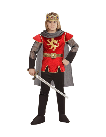 Déguisement roi Arthur enfant  rouge (casaque, pantalon, couvre-bottes, couronne, cape)