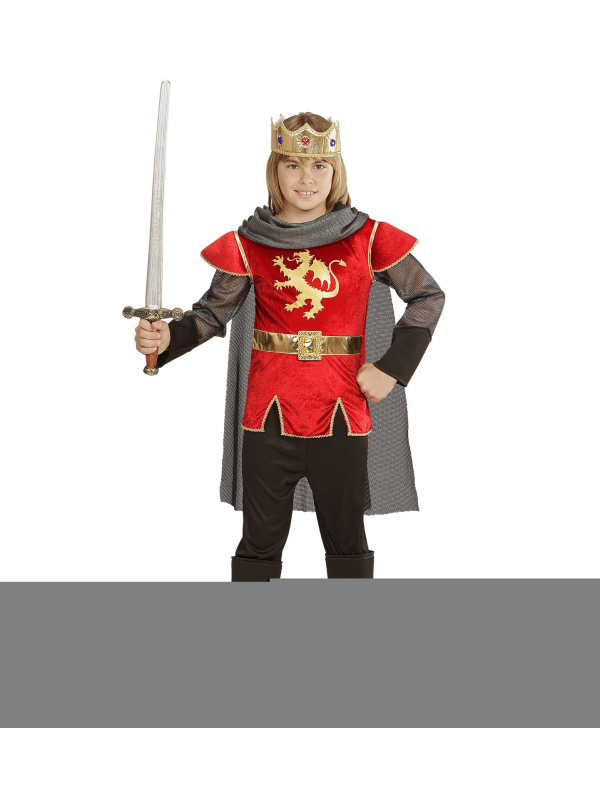 Déguisement roi Arthur enfant  rouge (casaque, pantalon, couvre-bottes, couronne, cape)