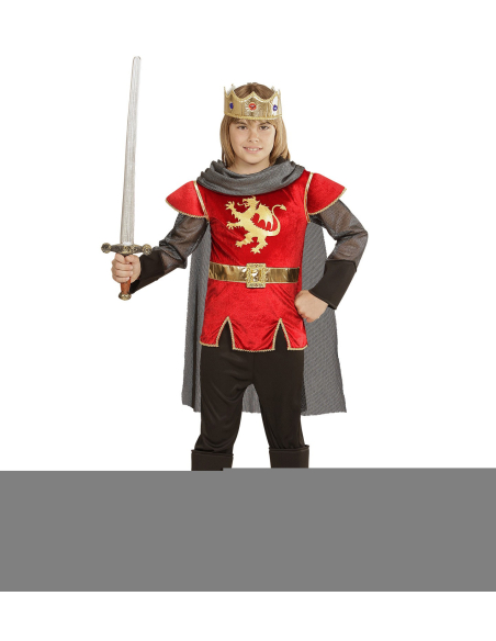 Déguisement roi Arthur enfant  rouge (casaque, pantalon, couvre-bottes, couronne, cape)