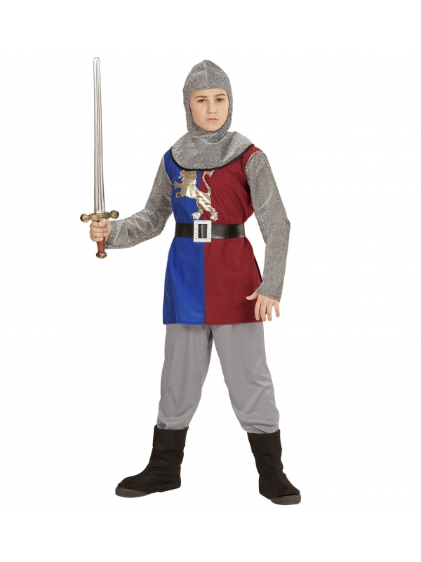 Déguisement chevalier médiéval enfant (casaque, pantalon, couvre-bottes, ceinture, capuche)