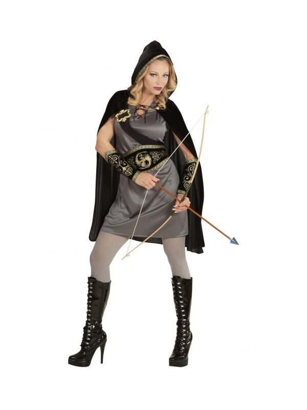 Déguisement femme archer gris (robe, ceinture, écharpe avec boucle, brassards, cape à capuche)