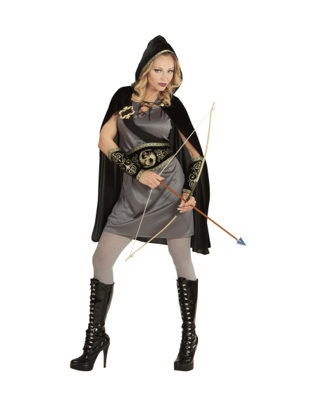 Déguisement femme archer gris (robe, ceinture, écharpe avec boucle, brassards, cape à capuche)