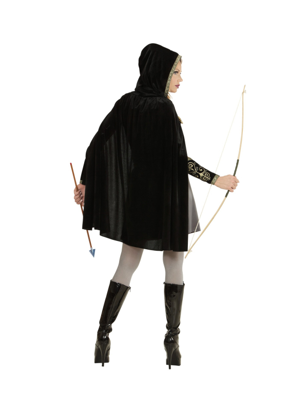 Déguisement femme archer gris (robe, ceinture, écharpe avec boucle, brassards, cape à capuche)