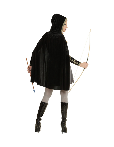 Déguisement femme archer gris (robe, ceinture, écharpe avec boucle, brassards, cape à capuche)