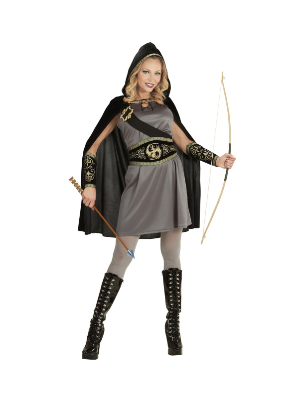 Déguisement femme archer gris (robe, ceinture, écharpe avec boucle, brassards, cape à capuche)