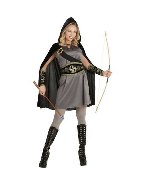 Déguisement femme archer gris (robe, ceinture, écharpe avec boucle, brassards, cape à capuche)