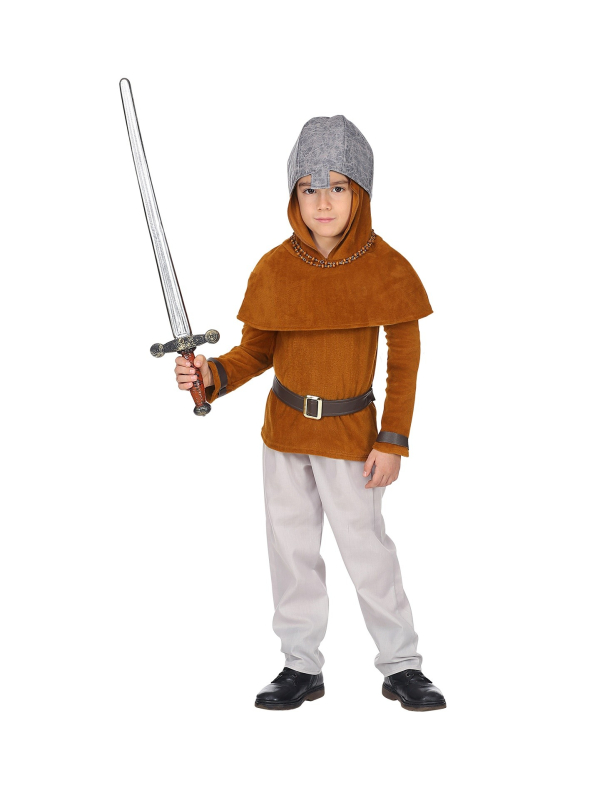 Déguisement soldat médiéval enfant (manteau, pantalon, ceinture, capuchon à capuchon, casque)