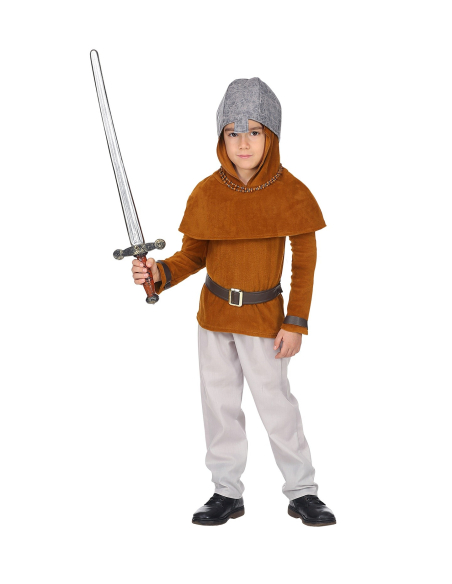Déguisement soldat médiéval enfant (manteau, pantalon, ceinture, capuchon à capuchon, casque)