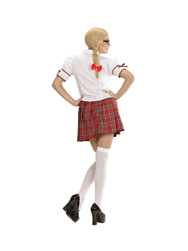 Déguisement femme écolière sexy rouge et blanc (chemise, jupe, cravate, rubans pour les cheveux)