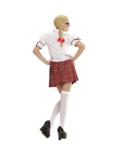 Déguisement femme écolière sexy rouge et blanc (chemise, jupe, cravate, rubans pour les cheveux)