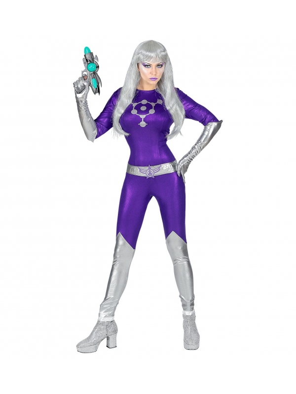 Déguisement Alien femme violet et argent (combinaison, ceinture, gants)