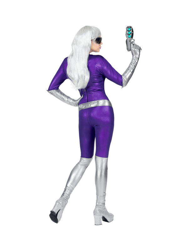 Déguisement Alien femme violet et argent (combinaison, ceinture, gants)