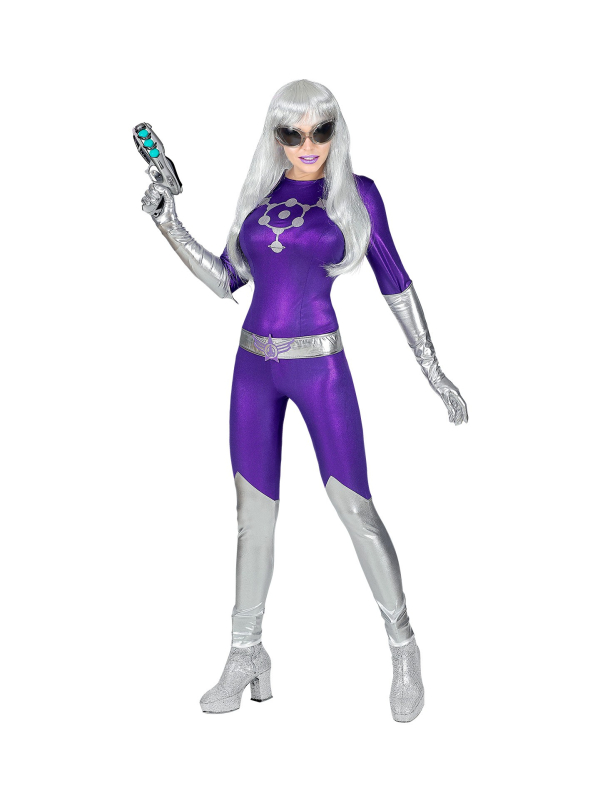 Déguisement Alien femme violet et argent (combinaison, ceinture, gants)