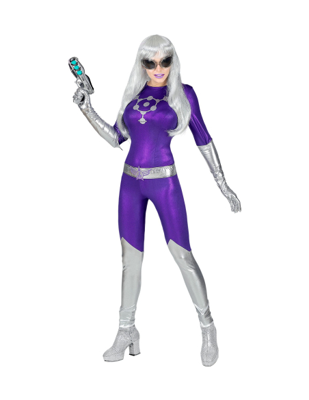 Déguisement Alien femme violet et argent (combinaison, ceinture, gants)